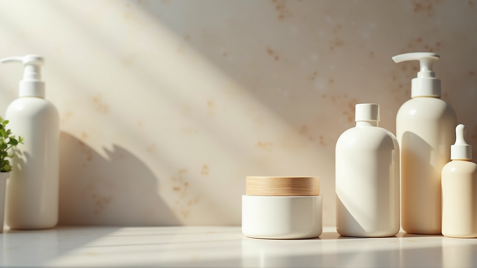 Close-up view of skincare bottles and jars arranged on a bathroom counter