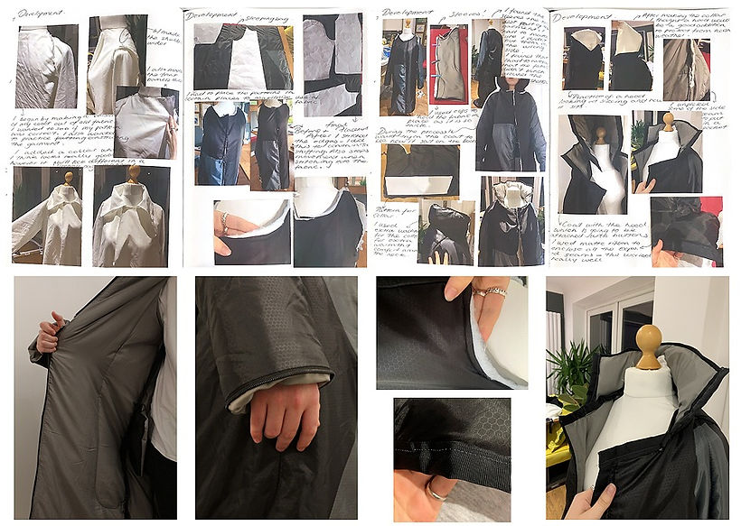 Final Outcome - ‘Sequential Story Telling’ – (Three photographs above) These three photographs were the final outcome of the sequential storytelling project. I wanted to create a coat for the homeless focusing on practicality and comfort. I also wanted to create a sustainable garment so I used an old sleeping bag as it is waterproof and insulated, my aim being that the coat could be worn as a coat or be used as a sleeping bag. (Pictures below) - Two double sketchbook pages documenting the process of making the coat and below are pictures of the finishes the lining , hems and cuffs (FAD 2020)