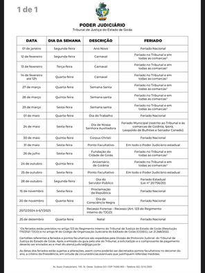 DIVULGADO O CALENDÁRIO DE FERIADOS DO ANO DE 2024 DO TJGO