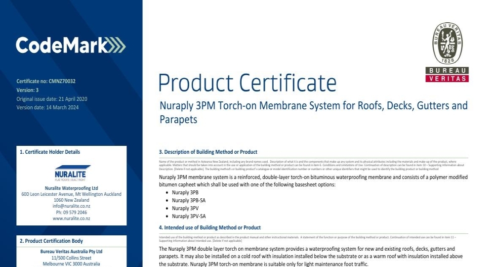 CODEMARK NURAPLY 3PM TORCH ON MEMBRANE FOR ROOFS AND DECKS