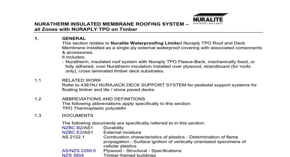 NURATHERM INSULATED MEMBRANE ROOFING SYSTEM ALL ZONES WITH NURAPLY TPO ON TIMBER