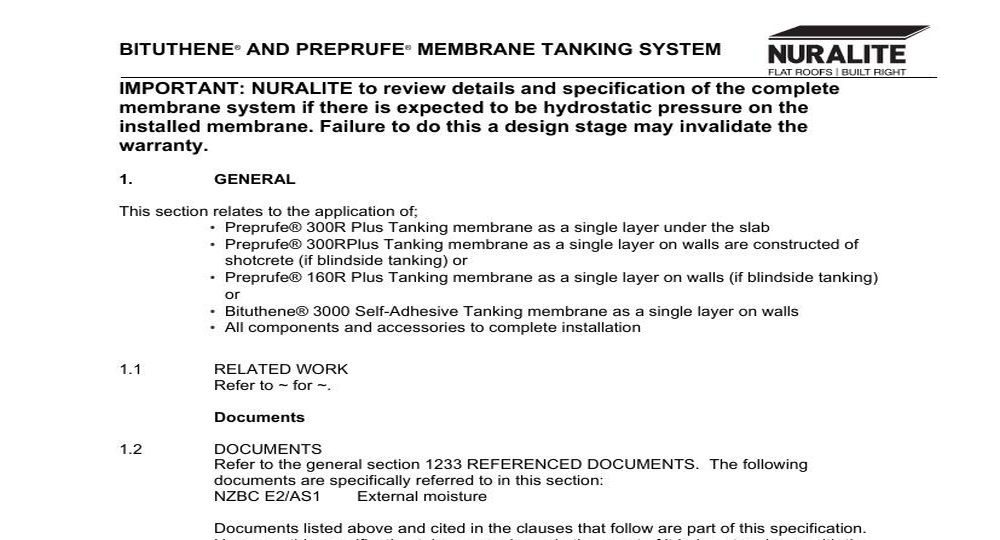 BITUTHENE PREPRUFE MEMBRANE TANKING SYSTEM