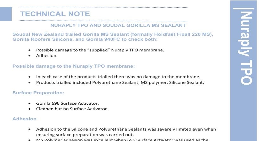 NURAPLY TPO AND SOUDAL GORILLA MS SEALANT TN