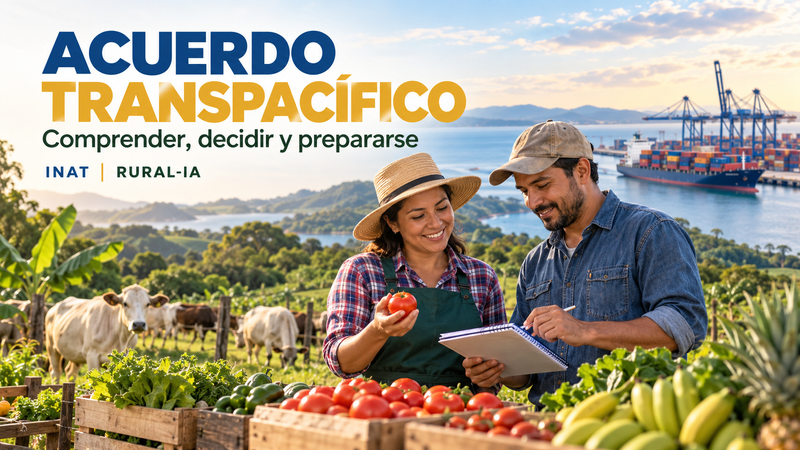 Portada del curso Acuerdo Transpacífico: dos productores revisan su cosecha y registros, con una finca y un puerto marítimo al fondo. INAT | RURAL-IA.