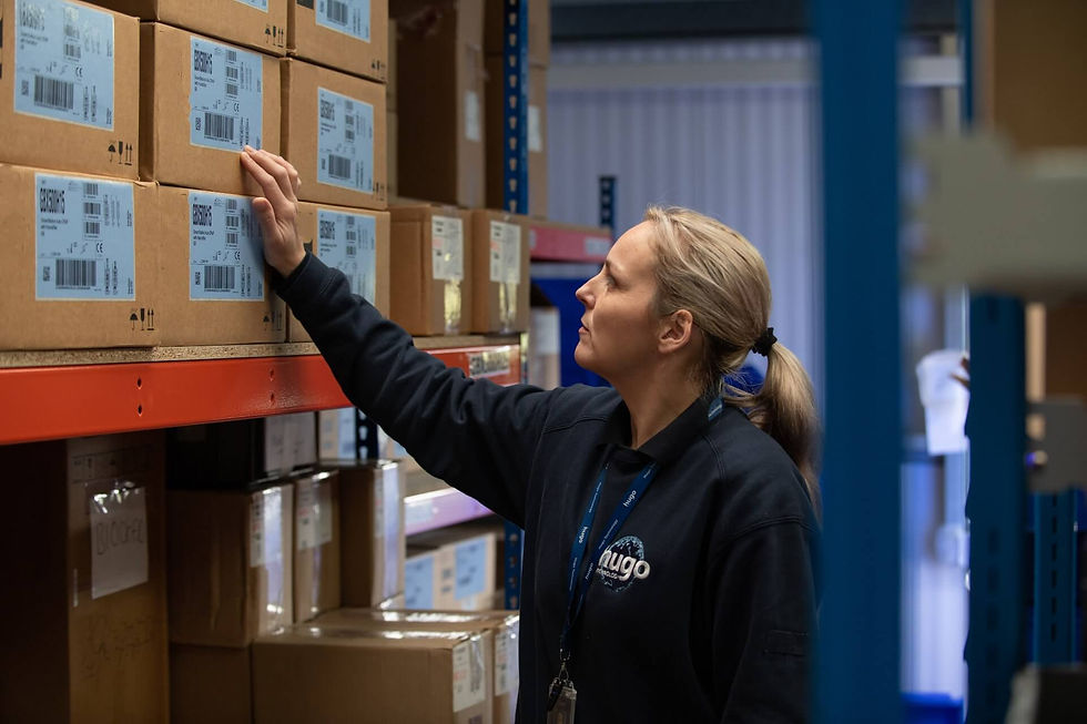 Hugo Technology warehouse team member controlling stock levels and stock counting to ensure accuracy