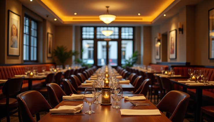 Eye-level view of a cozy West End restaurant interior with tables set for dinner