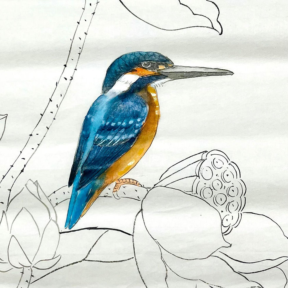 翠鳥。3.clouringuly gongbi course student work – 線條與分染練習 Linework and shading practice at Hong Kong City Art Studio