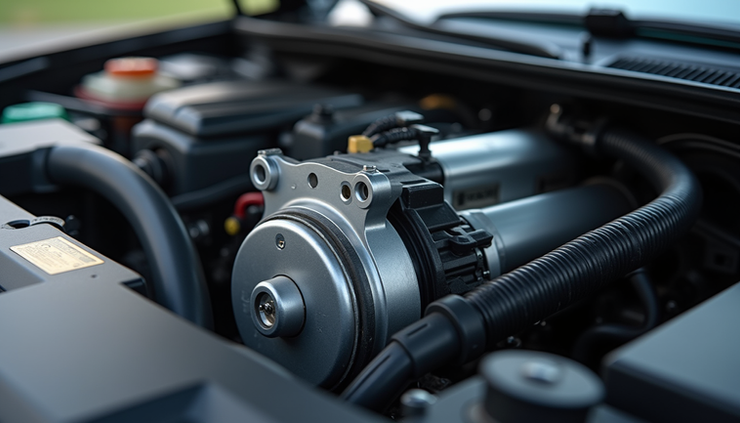 Close-up view of car air conditioning compressor under the hood