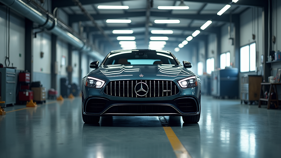 Eye-level view of a Mercedes-Benz car in a professional service garage