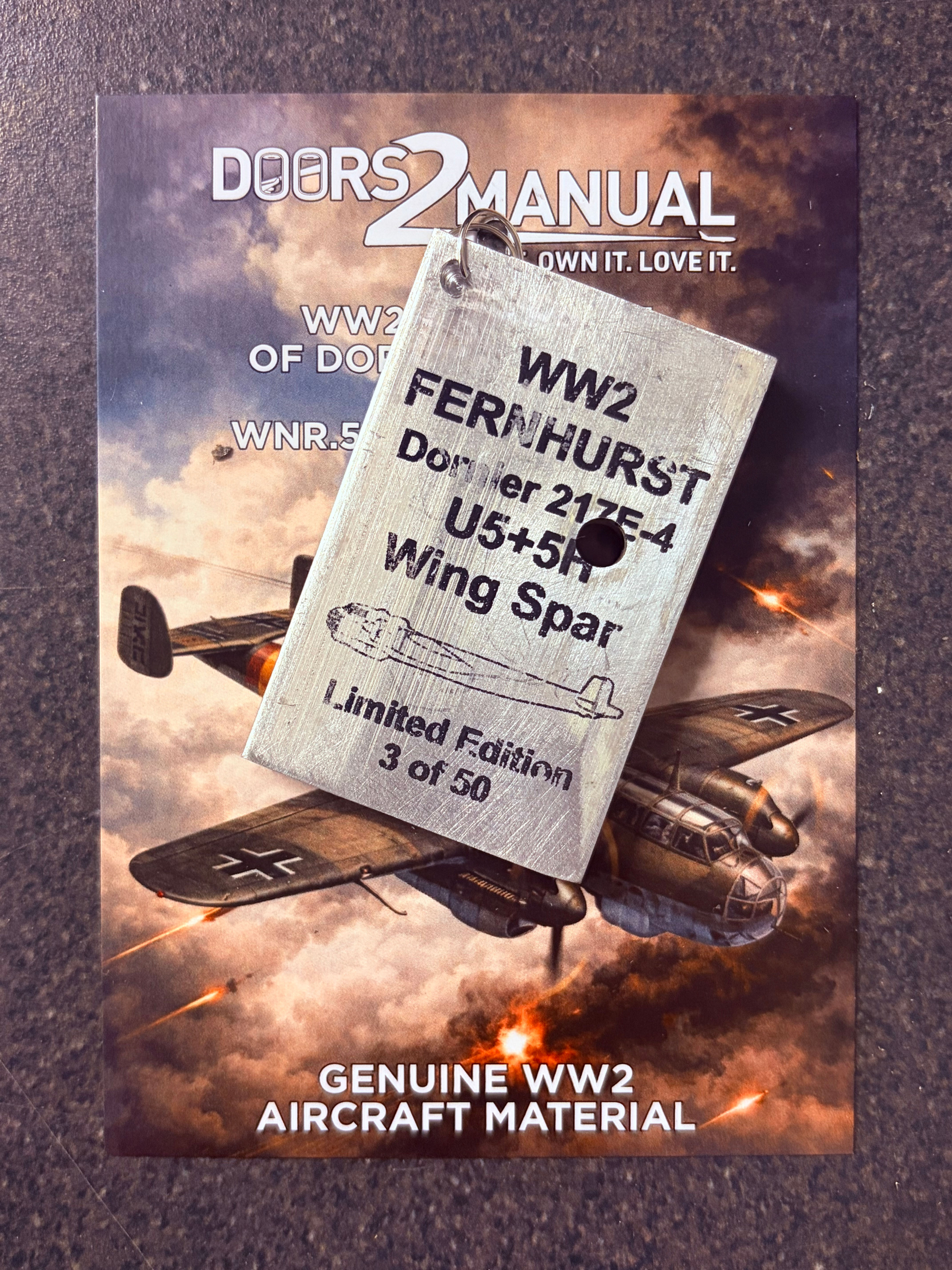 WW2 Fernhurst of Dornier 217e code U5 +Eh wing spar impact damage edge tag