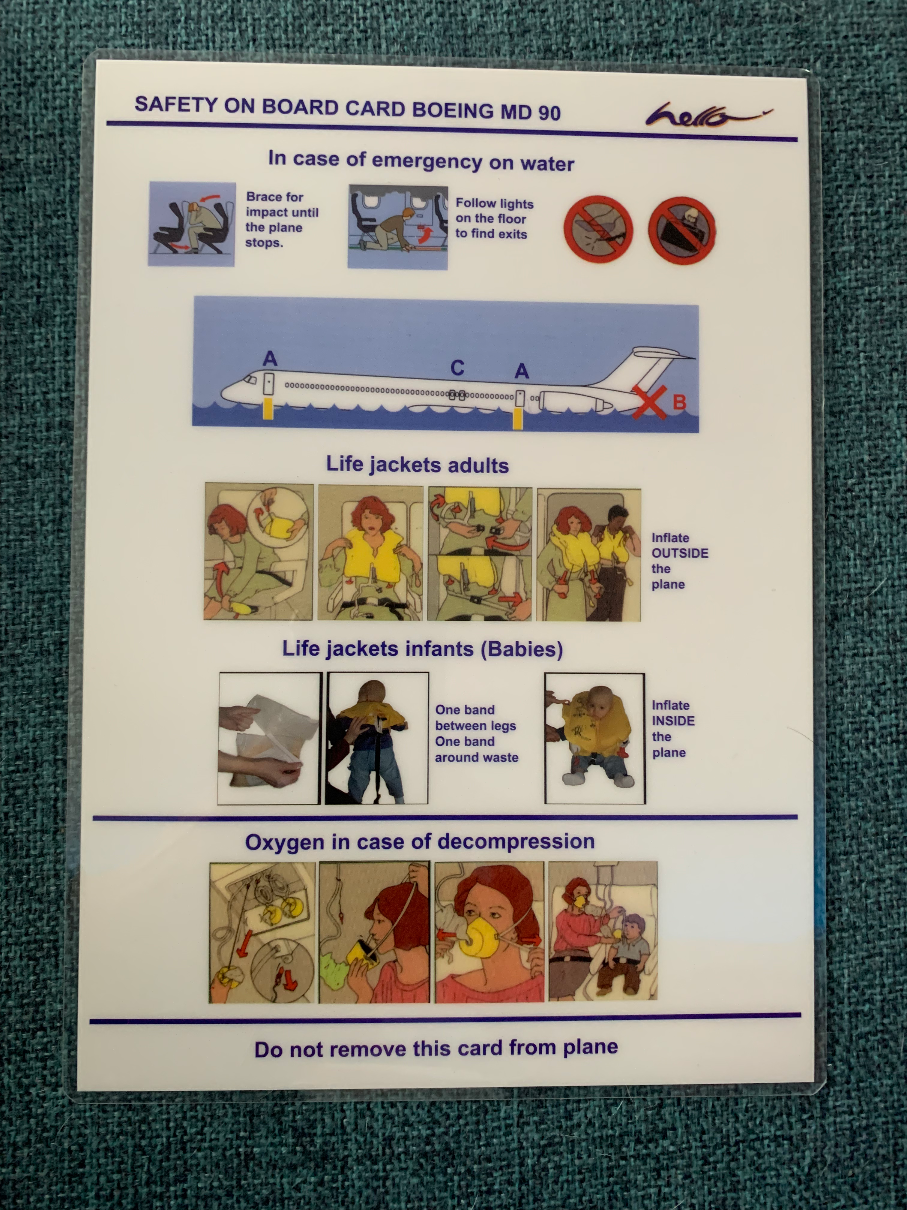 Hello Airlines MD90 safety card 
