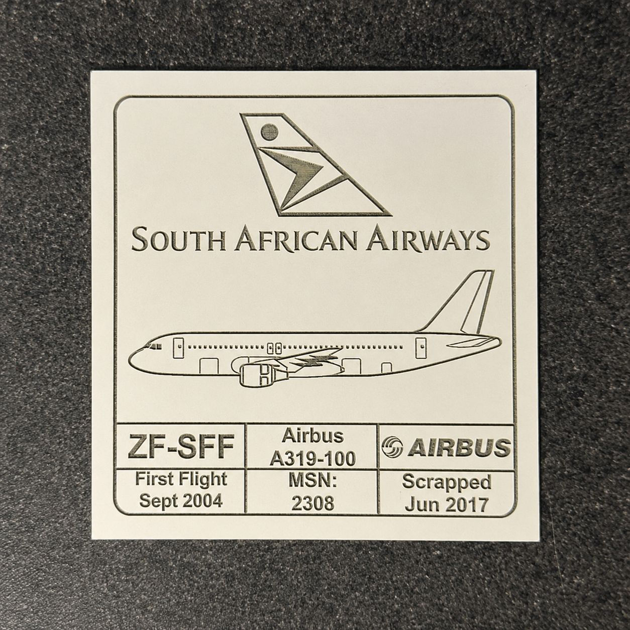 South African Airways A319 ZS-SFF LH side fairing top cover engraved square