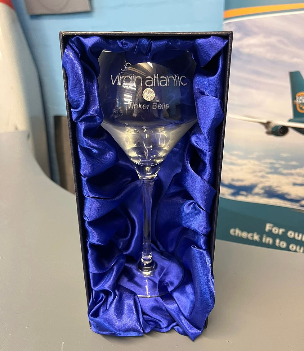 Thumbnail: Virgin Atlantic G-VBIG 747 Tinkerbell Chef & Sommelier adorned Wine Glass
