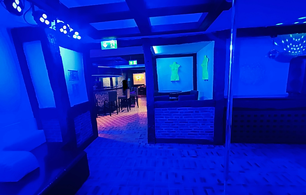 Blau beleuchteter Clubraum mit Tanzstange und Sitzecke.