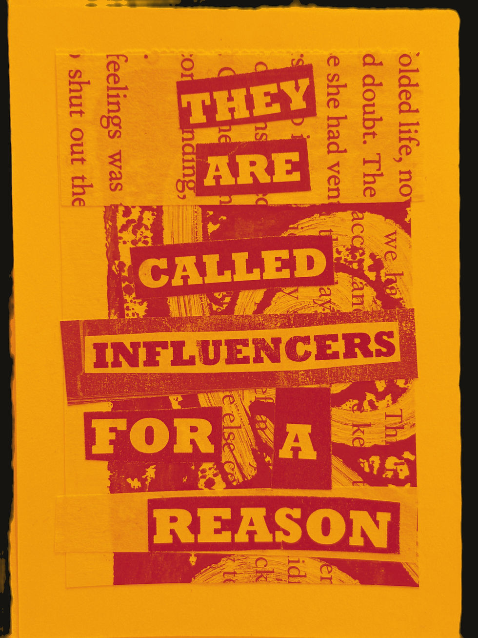 red and orange textual collage on black background