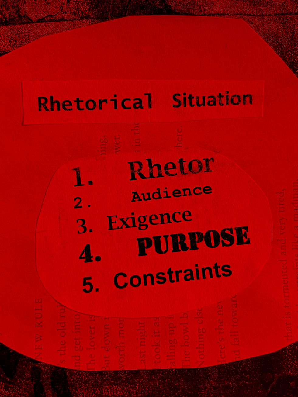 black and red collage with text listing the five elements of the rhetorical situation: rhetor, audience, exigence, purpose, constraints