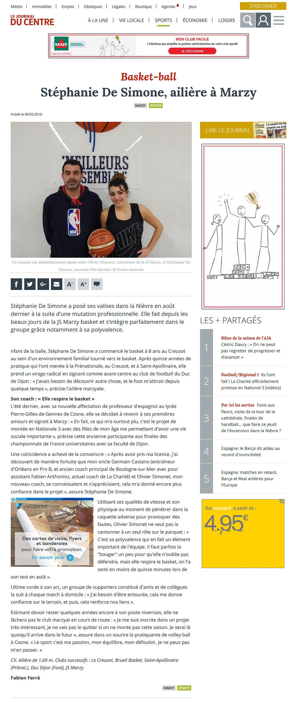 Ce qu'en pensait son coach en Février sur le journal du Centre !