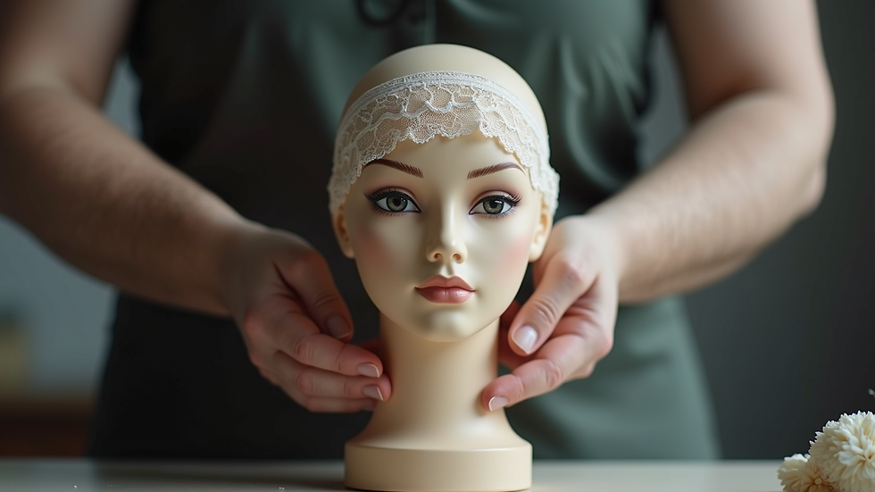 Eye-level view of a lace wig being carefully applied on a mannequin head