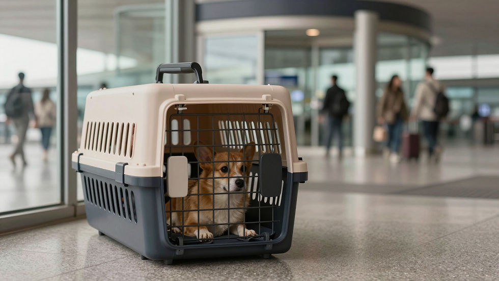 Corgi in pet carrier, waiting for pet transport at airport.