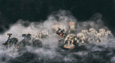 deathwing terminators in cinematic action in the fog. Oldhammer, OOP, painted by Hawk Talon.