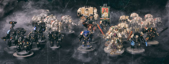 deathwing terminators in the fog in cinematic action. Vintage, OOP, warhammer 40k finely painted miniatures by Hawk Talon.
