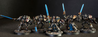 A squad of Grey Knights terminators with captain Stern. 2003 edition, metal, vintage, OOP, painted miniatures, warhammer 40000.
