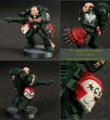 Dark Angels space marine Sergeant. The miniature has the metal arm from the devastator squad box and a old plastic power fist from 1995 plastic weapons sprue.