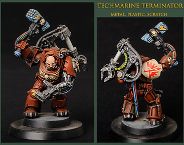 Dark Angels Techmarine terminator: custom vintage metal legs, lot of custom parts, bionic arm, thunder hammer. Miniature painted by the artist Hawk Talon, from warhammer 40k.