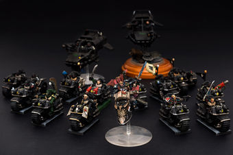 Sammael on Corvex jetbike leading a big unit of Ravenwing bikers and landspeeders. Metal vintage oop miniature painted by artist Hawk Talon