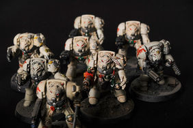 Bone white deathwing terminators with native american glyphs from William King's novel. Warhammer 40k, vintage, OOP, painted miniatures by the artist Hawk Talon.