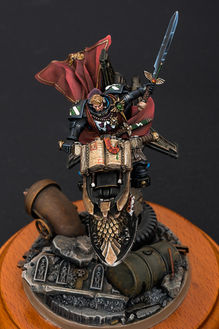 Sammael on "Corvex" metal miniature frontal view with detail of the fine writings of the sacred tome chained on top of the jetbike, the model is the 2006 early metal version, painted at contest level by artist Hawk Talon.