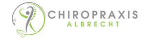 Logo der Chiropraxis Albrecht mit einem stilisierten Gesichtsprofil und Wirbelsäule in Grün und Grau.