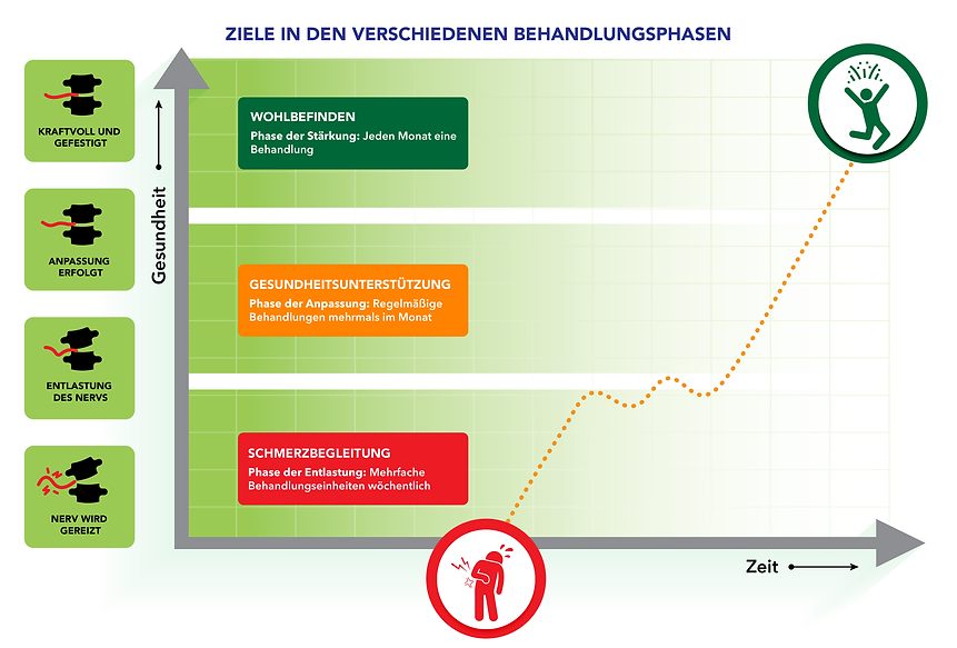 Infografik mit Behandlungsphasen in der Chiropraktik, von Nervenreizung bis Wohlbefinden, inklusive Behandlungsfrequenzen.