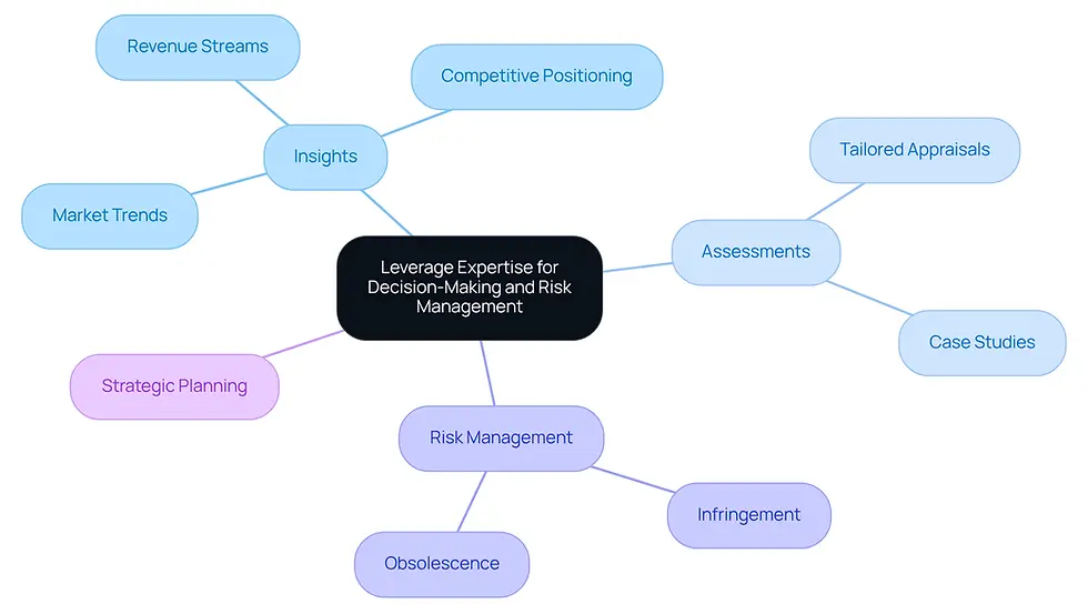 This mindmap shows how leveraging expert insights can improve decision-making and risk management. Start at the center with the main idea, then follow the branches to explore insights, assessments, risks, and strategic planning related to intellectual property.
