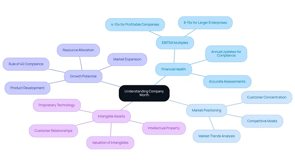 This mindmap starts with the central idea of understanding company worth. Each branch represents a critical area of focus, and the sub-branches provide specific insights or actions related to that area. Follow the branches to see how different aspects of company valuation connect and contribute to strategic decision-making.