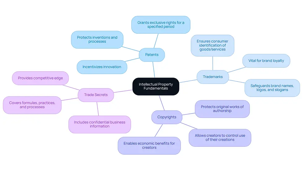 This mindmap starts with the main idea of intellectual property at the center. Each branch represents a different type of IP, and the sub-branches provide details about what each type protects and why it's important. Follow the branches to understand how these elements connect and contribute to a company's value.