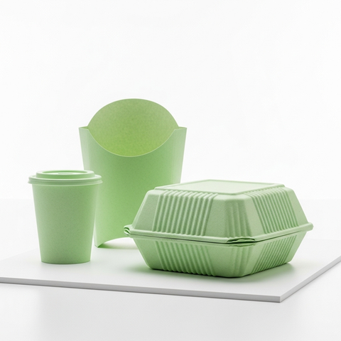 Set of green fast food containers including burger box, fries holder, and sauce cup on a white background.