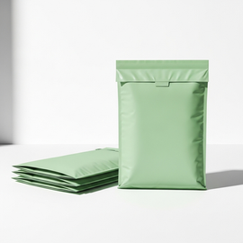 Standing green mailer bag with three folded ones next to it on a white surface.