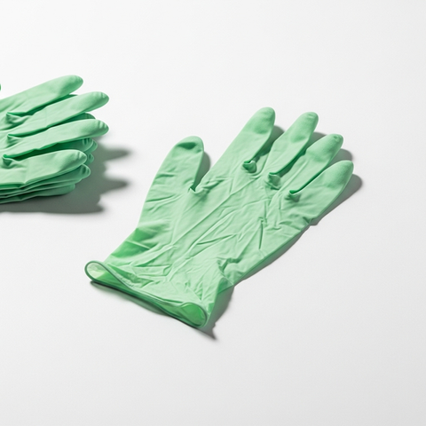 Green biodegradable single-use protective gloves made from cornstarch-based material, eco-friendly alternative to latex and plastic gloves for medical, food, and hygiene use.