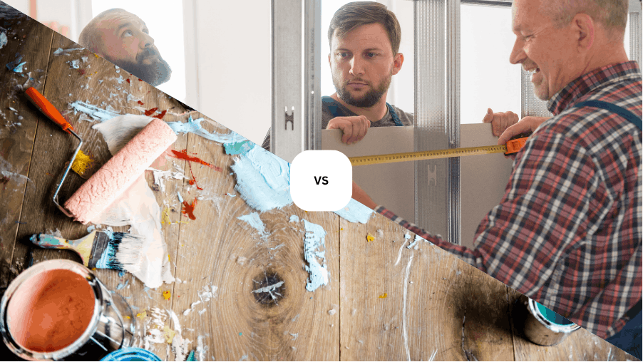 A split-screen comparison showing a messy DIY painting setup on wood flooring versus professional contractors measuring and installing drywall. Professional home renovation service in Jacksonville, FL.
