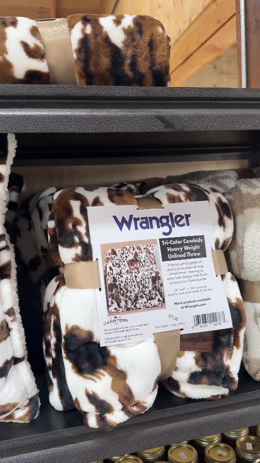 Cow print blankets in the General Store