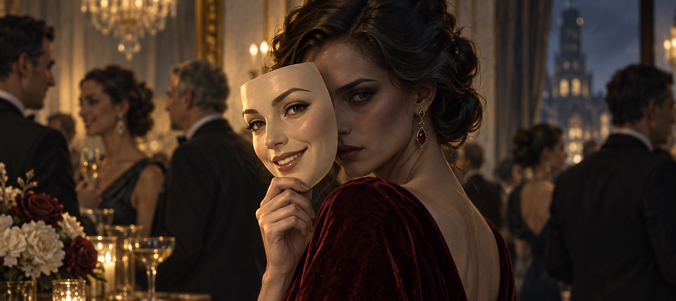 A woman holds a pleasant, smiling mask in front of a darker, watchful face, suggesting charm that conceals colder intentions.