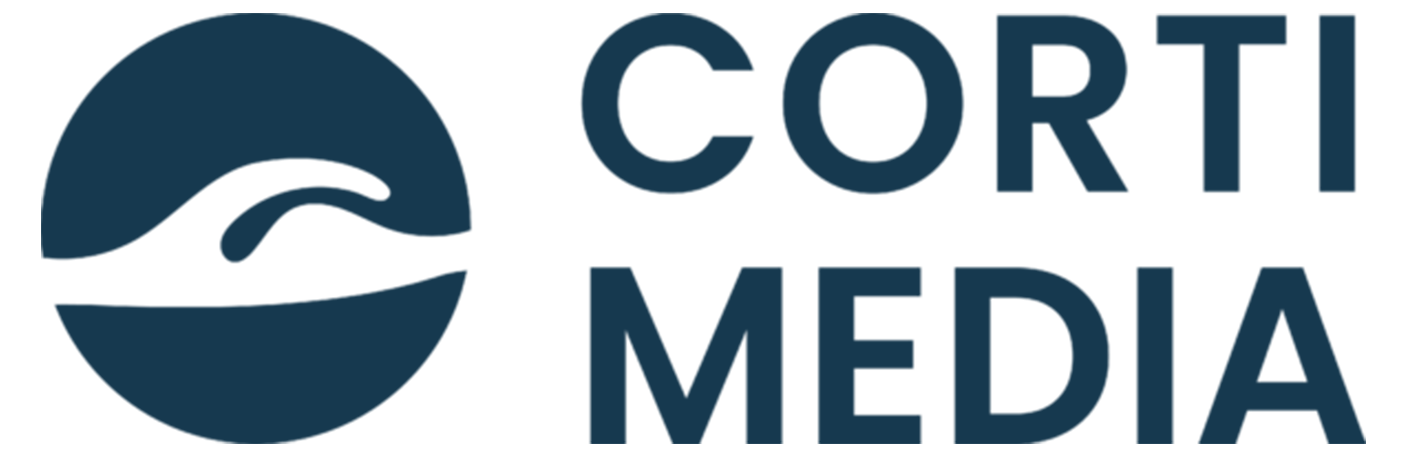 Corti Media logo in donker blauwe letters