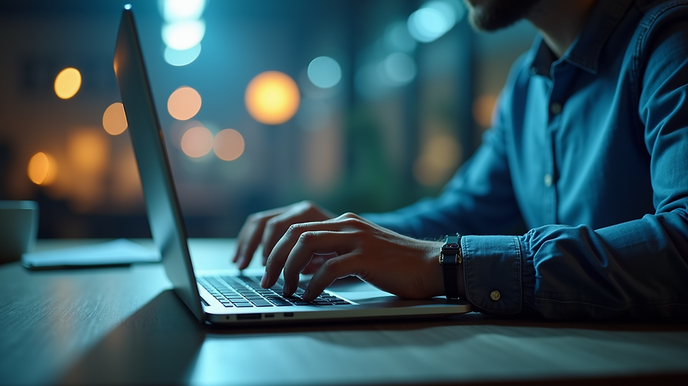 Close-up view of a person working on a laptop with AI software