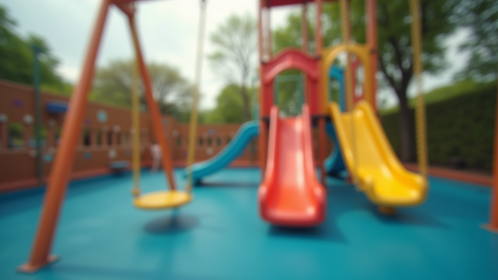 Eye-level view of a vibrant playground with swings and slides