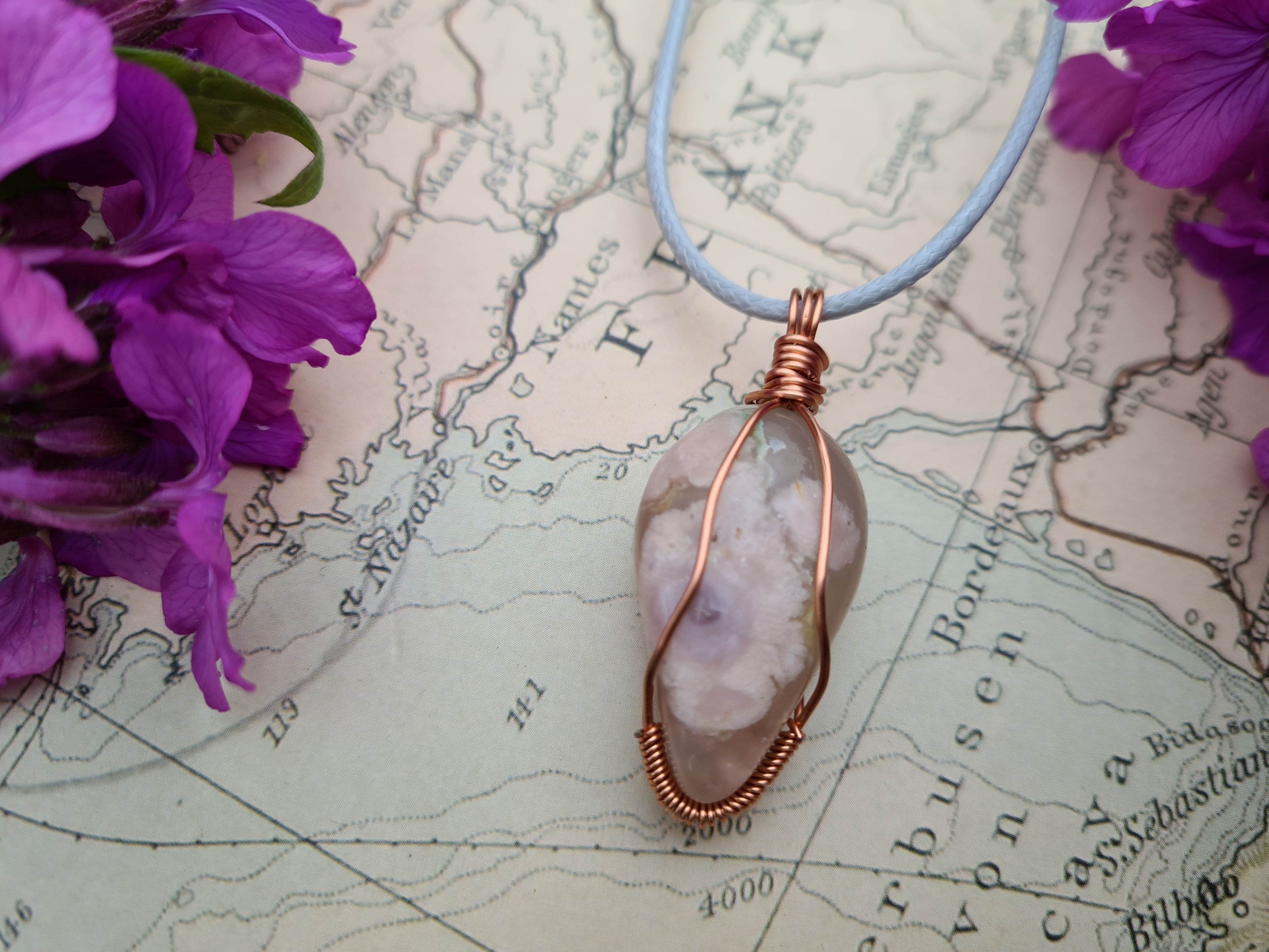 Flower agate teardrop wrapped pendant