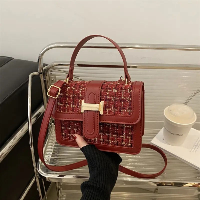 Maroon French Style Shoulder Bag with Crossbody Strap