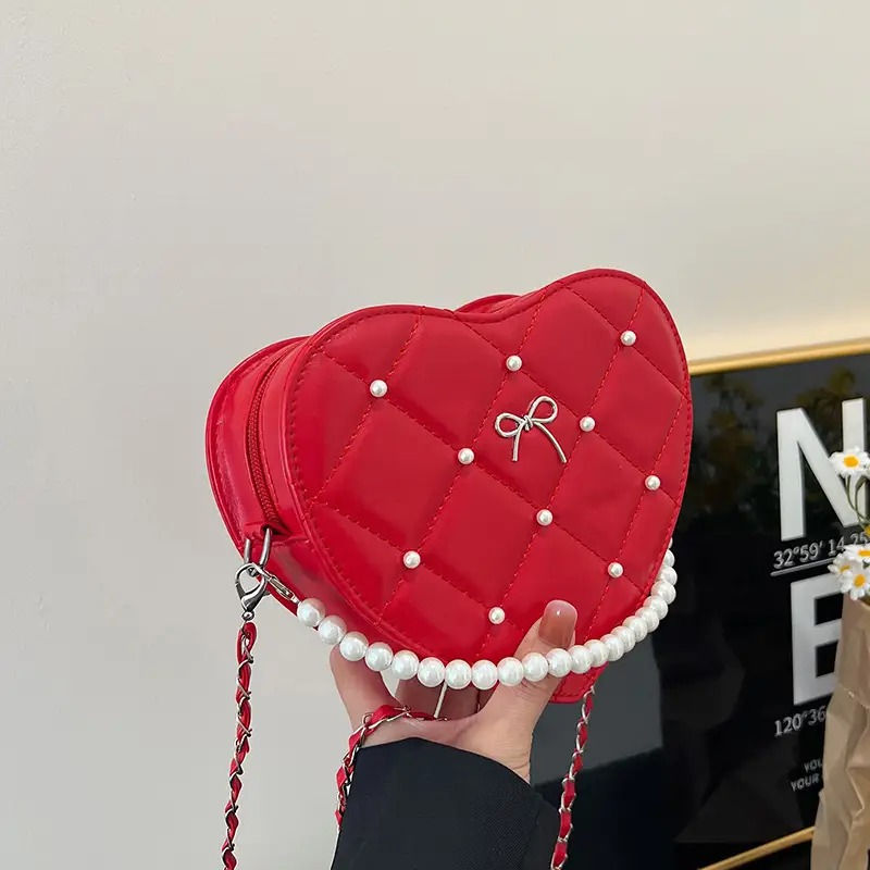 Thumbnail: Heart-Shaped Diamond Embossed Shoulder Bag for Women