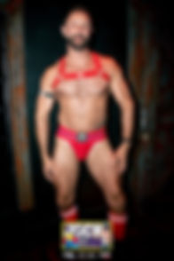 muscuar gogo dancers in red jock classic jockstrap and harness