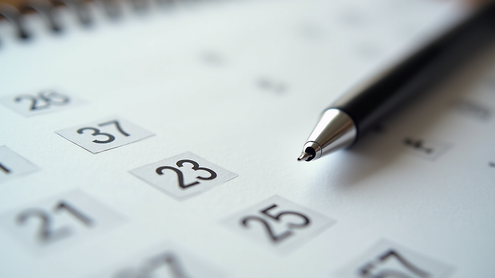 Close-up view of a calendar with marked dates and a pen